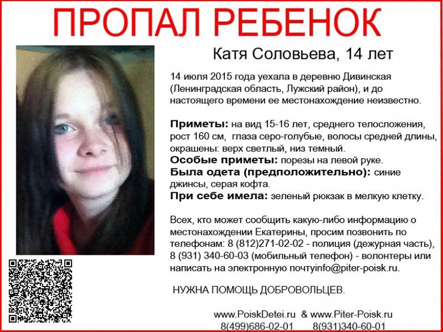 В Гатчинском районе продолжаются поиски 14-летней Кати Соловьевой