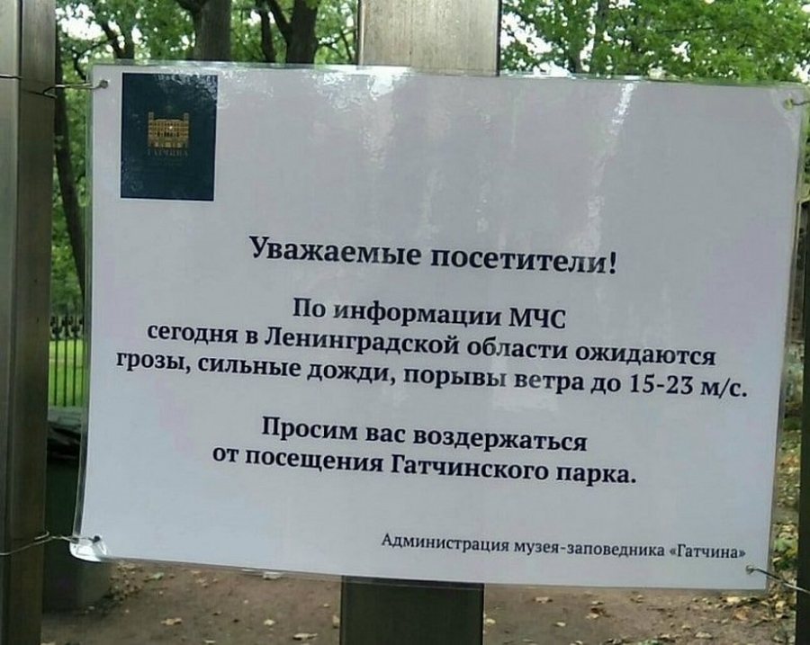 В Гатчинский парк сегодня ходить не рекомендуется