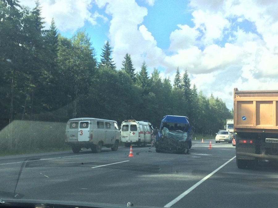 В Гатчинском районе столкнулись два грузовика, микроавтобус и легковушка